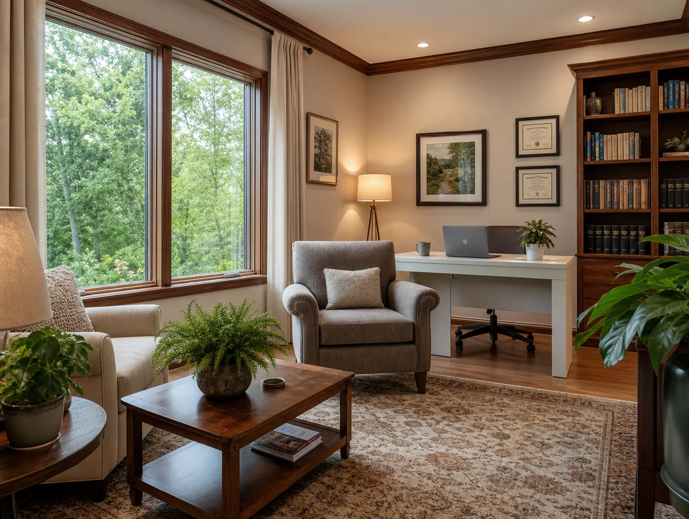 Calm, sunlit psychotherapy office in Midtown Toronto with soft textures